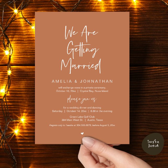Convite Nós vamos nos casar, Fuga para o Casamento Jantar  (We are getting married, Elopement Dinner Dancing Lunch Brunch Invitation Card, PDF, Copper Brown )