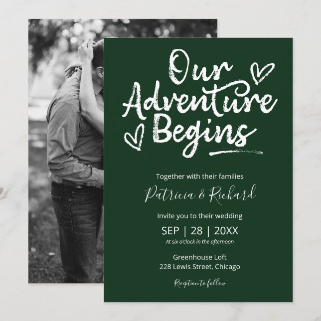 Convite Nossa Aventura Começa Casamento Rústico Verde (Frente/Verso)