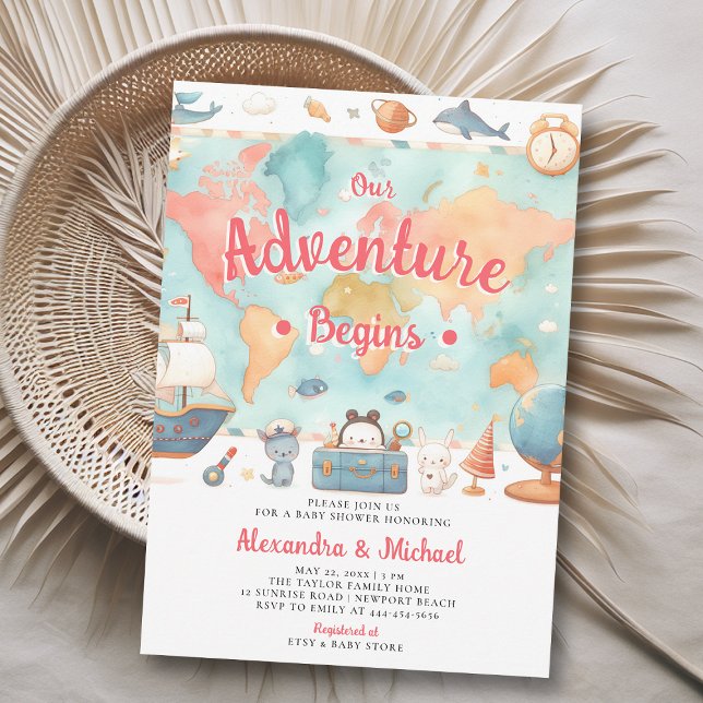 Convite Nossa Aventura Começa O Chá de fraldas Da Rapariga (our adventure begins girl baby shower invitation cute world map watercolor cute adorable boat animal)