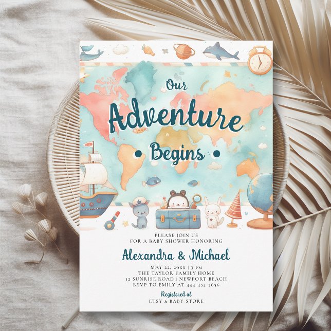 Convite Nossa aventura inicia o Chá de fraldas do World Ma (our adventure begins boy baby shower invitation cute world map watercolor cute adorable boat animals)
