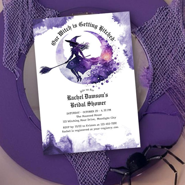 Convite Nossa Bruxa está ganhando Chá de panela Roxo (Our Witch is Getting Hitched Halloween Bridal Shower Invitation by Darling & May)