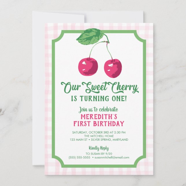 Convite "Nossa doce cereja", aniversário rosa e verde (Frente)