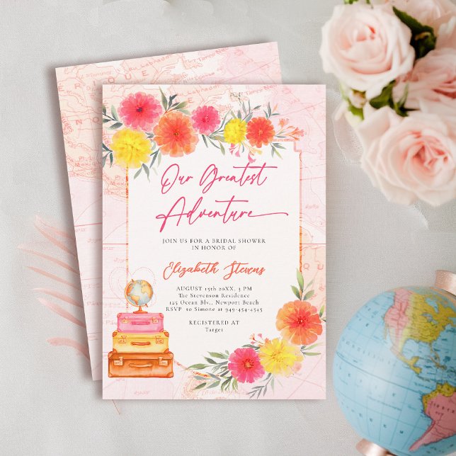 Convite Nossa Grande Aventura Zinnia Bright Bridal Floral (travel bridal shower invitation floral watercolor world map suitcase hot pink orange yellow tropical)