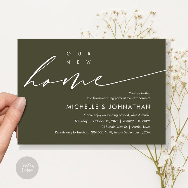 Convite Nossa Nova Casa, Comemoração do Partido do Aquecim (Our New Home, Housewarming Party Celebration Card, PDF, Modern Minimalist Script, in Olive Green)