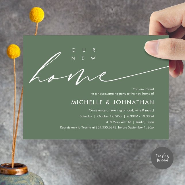 Convite Nossa Nova Casa, Comemoração do Partido do Aquecim (Our New Home, Housewarming Party Celebration Card, PDF, Modern Minimalist Script, in Sage Green)