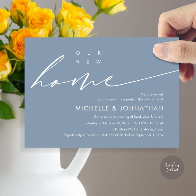 Convite Nossa Nova Casa, Comemoração do Partido do Aquecim (Our New Home, Housewarming Party Celebration Card, PDF, Modern Minimalist Script, in Dusty Blue)