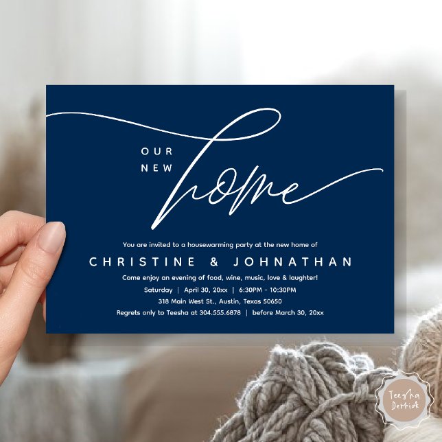 Convite Nossa Nova Casa, Festa Adorável De Aquecimento Dom (Our New Home, Cozy Lovely Housewarming Party Invitation Card, PDF, Navy Blue)