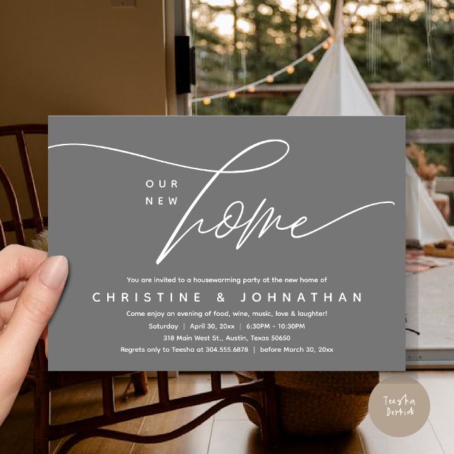 Convite Nossa Nova Casa, Festa Adorável De Aquecimento Dom (Our New Home, Cozy Lovely Housewarming Party Invitation Card, PDF, Dark Grey)