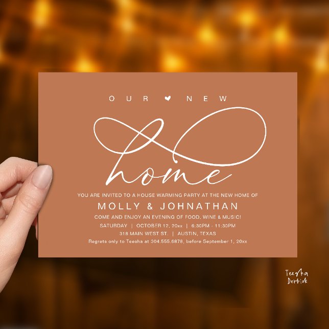 Convite Nossa Nova Casa, Festa de Aquecimento Moderno e El (Our New Home, Modern Elegant Housewarming party Invitation Card in Terracotta Brown Copper)