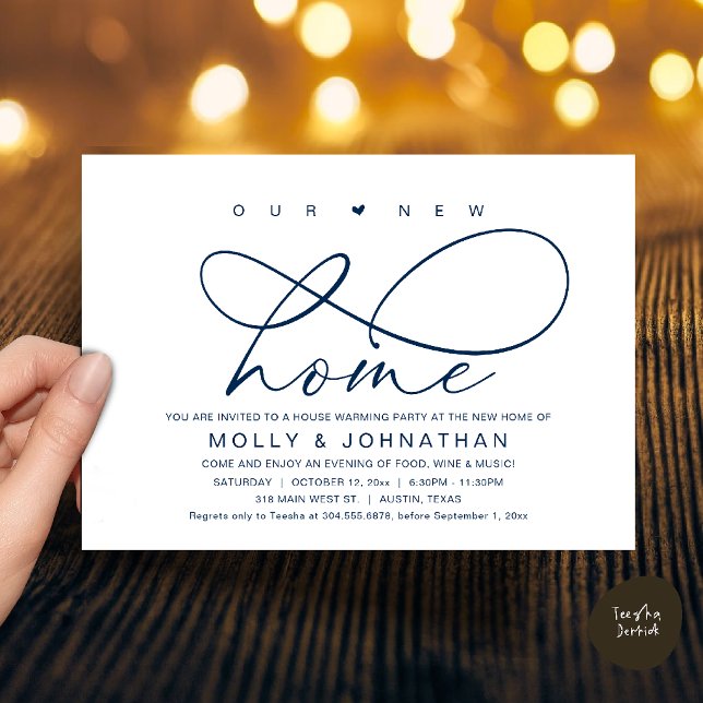Convite Nossa Nova Casa, Festa de Aquecimento Moderno e El (Our New Home, Modern Elegant Housewarming party Invitation Card in Navy Blue)