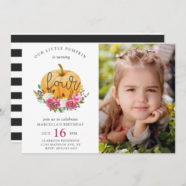 Convite Nossa Pequena Abóbora Floral 4º Aniversário (Frente/Verso)