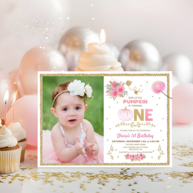Convite Nossa Pequena Abóbora Rosa e Dourada Festa de 1º A (Our Little Pumpkin Pink Girl 1st Birthday Invitation)