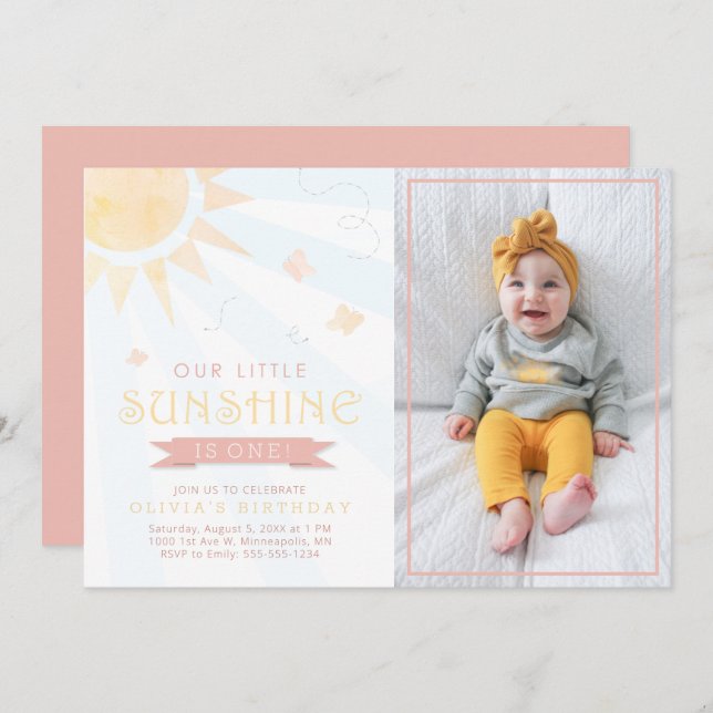 Convite Nossa Pequena Borboleta de Aquarela Solar Aniversá (Frente/Verso)