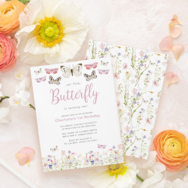 Convite Nossa Pequena Borboleta primeiro aniversario Cor-d (Easily personalize this sweet wildflower butterfly baby's first birthday invite with your details)