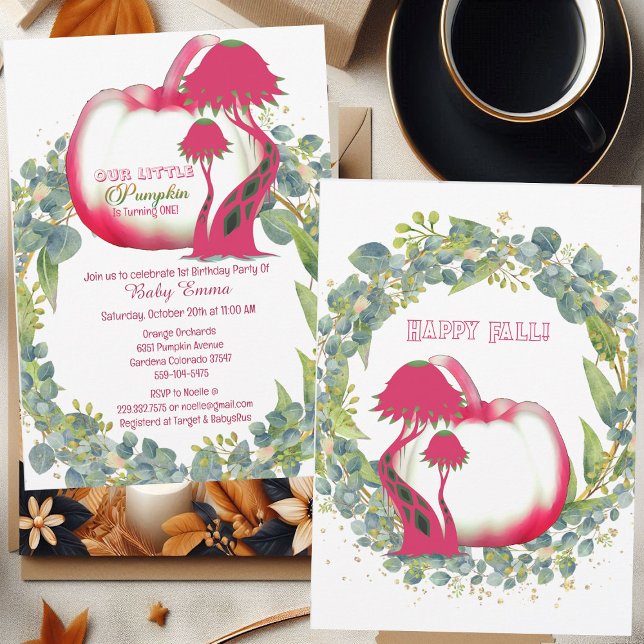 Convite Nossa Pequena Camisola Verde primeiro aniversario  (Our Little Pumpkin Pink 1st Birthday Green Wreath Invitation)