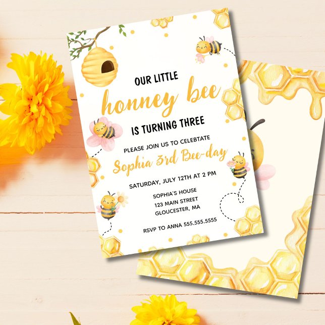 Convite Nossa Pequena Festa de aniversário Floral de Abelh (Cute honey bee birthday invitation perfect for kids’ bee themed party)