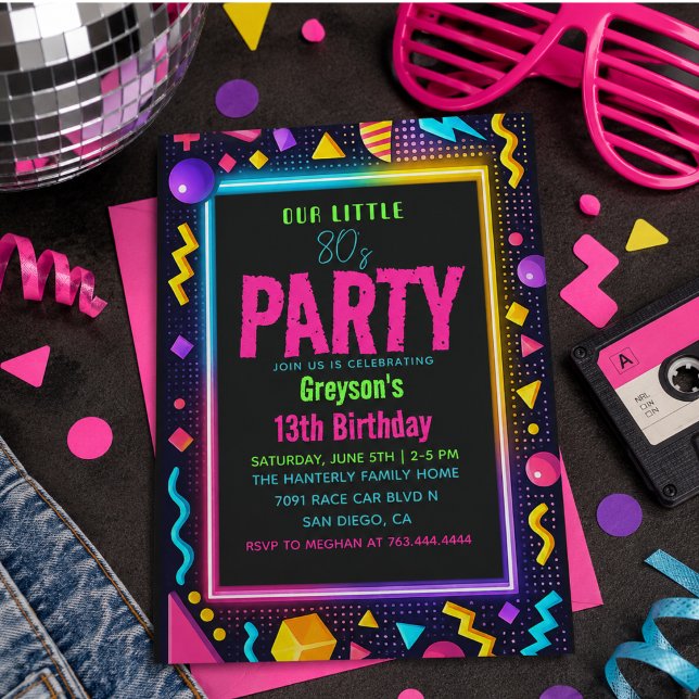 Convite nossa pequena festa de aniversário Retro Neon dos  (our little Retro Neon 80's Birthday Party Invitation)