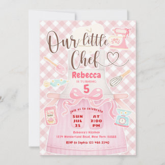 Convite Nossa Pequena Menina Chef Rosa Xadrez de Gingham F