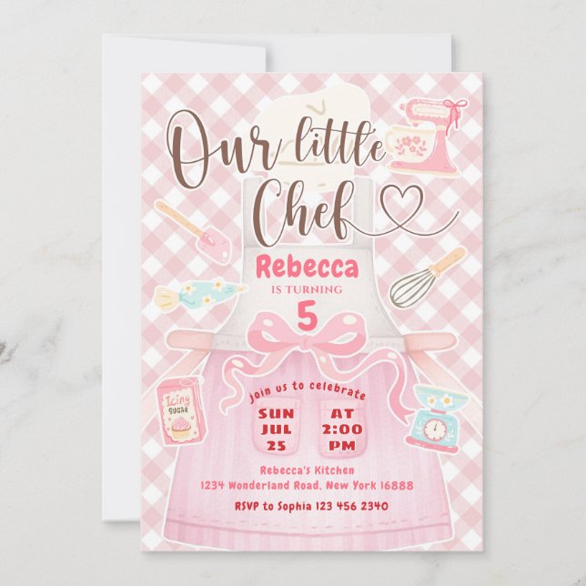 Convite Nossa Pequena Menina Chef Rosa Xadrez de Gingham F (Frente)
