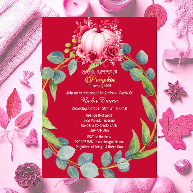 Convite Nossa Pequena primeiro aniversario de Abóbora, Ver (Our Little Pumpkin 1st Birthday Green Wreath Pink Invitation)