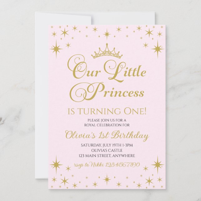 Convite Nossa Pequena Princesa Aniversário Dourado e Rosa (Frente)