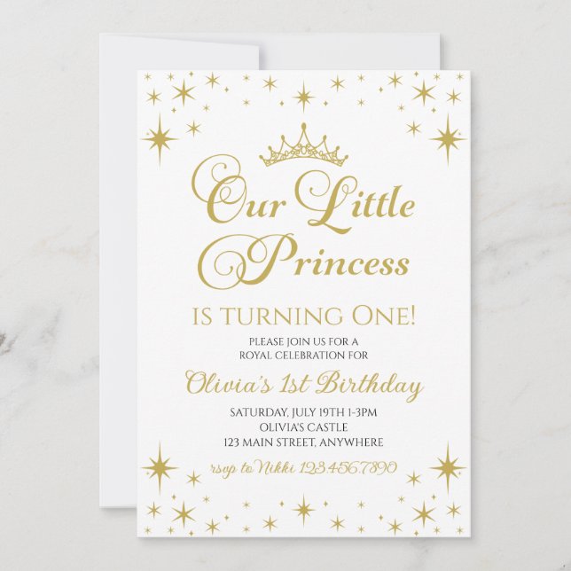 Convite Nossa Pequena Princesa Real Aniversário Dourado e  (Frente)