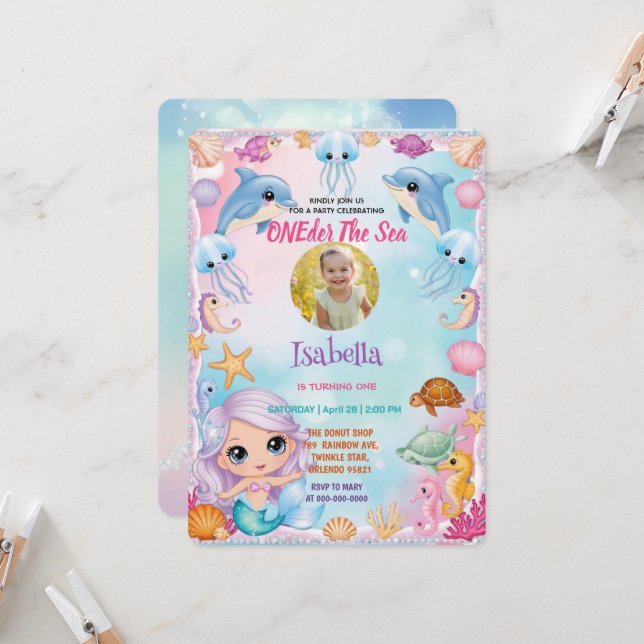 Convite nossa pequena sereia 1rua Foto do aniversário de v (Frente/Verso In Situ)