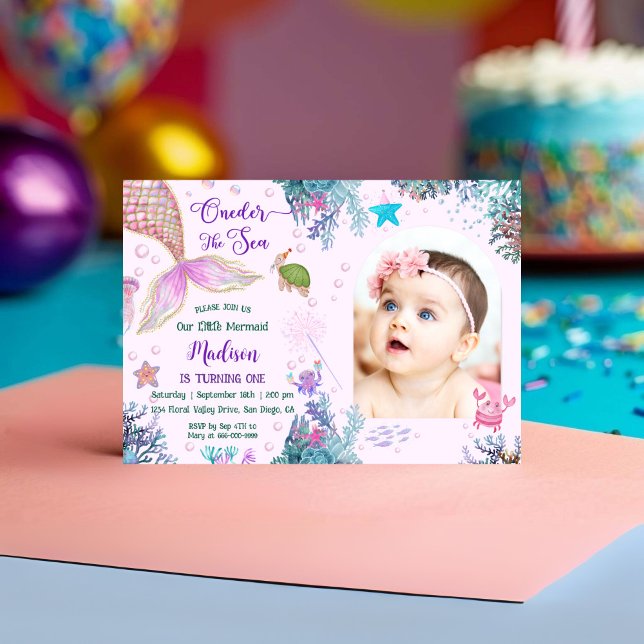 Convite Nossa Pequena Sereia Um primeiro aniversario Do Ma (Oneder the sea Mermaid Girl Birthday Party Invitation)