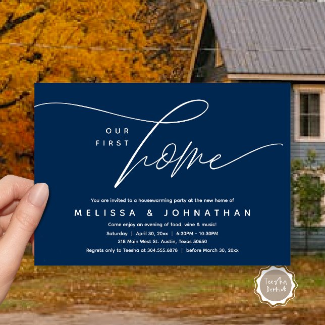 Convite Nossa Primeira Casa, Festa Adorável De Aquecimento (Our First Home, Cozy Lovely Housewarming Party Invitation Card, PDF, Lovely Cozy Romantic Navy Blue)