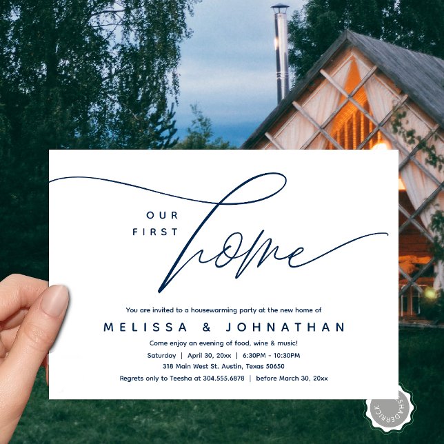 Convite Nossa Primeira Casa, Festa Adorável De Aquecimento (Our First Home, Cozy Lovely Housewarming Party Invitation Card, PDF, Lovely Cozy Romantic Navy Blue)