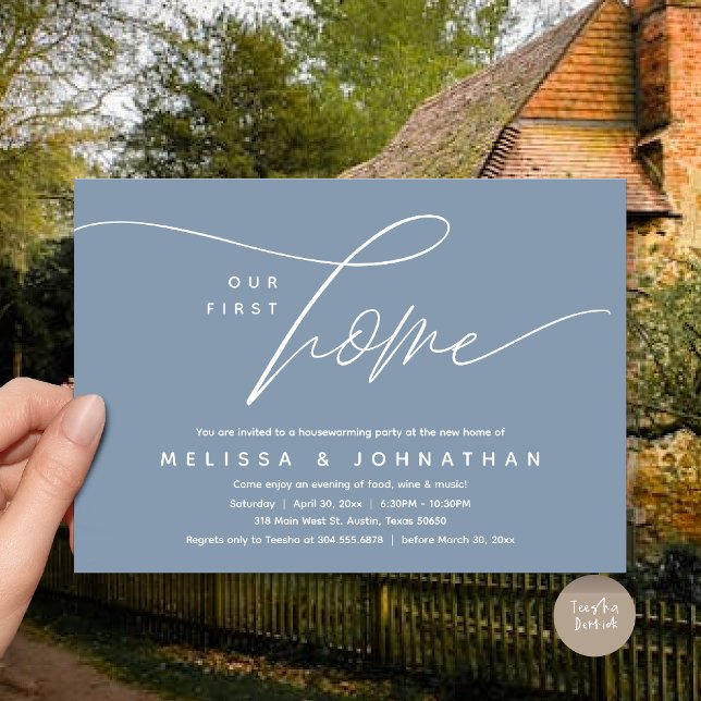 Convite Nossa Primeira Casa, Festa Adorável De Aquecimento (Our First Home, Cozy Lovely Housewarming Party Invitation Card, PDF, Lovely Cozy Romantic Dusty Blue)