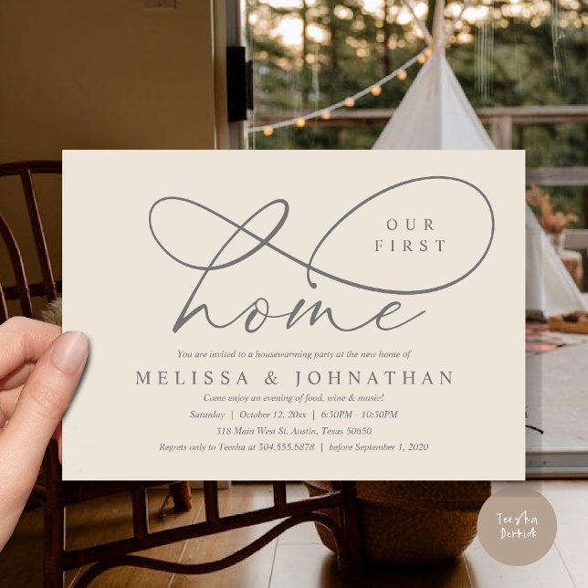 Convite Nossa Primeira Casa, Festa de Aquecimento Familiar (Our First Home, Cozy Lovely Housewarming Party Invitation Card, PDF, Lovely Romantic Cozy Cream Grey)