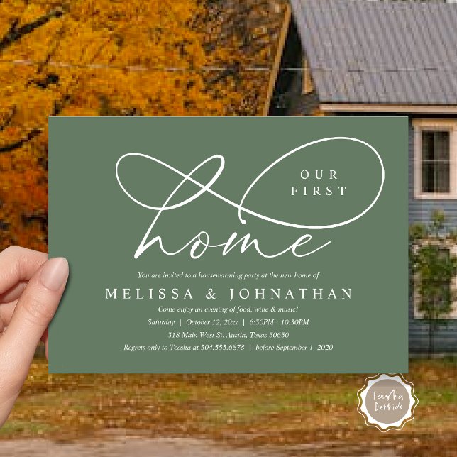 Convite Nossa Primeira Casa, Festa de Aquecimento Familiar (Our First Home, Cozy Lovely Housewarming Party Invitation Card, PDF, Lovely Cozy Forest Sage Green)
