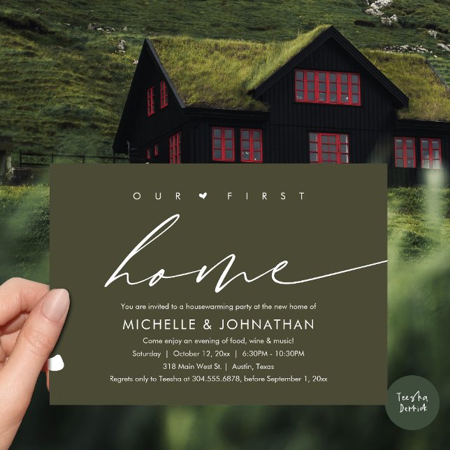 Convite Nossa Primeira Nova Casa, Comemoração do Partido d (Our First New Home, Housewarming Party Celebration Invitation Card, PDF, in Olive Green)