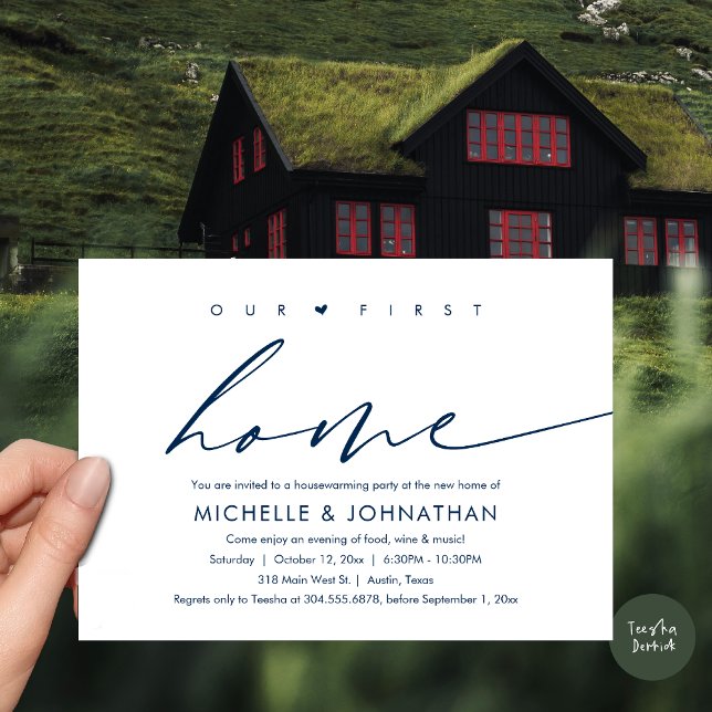 Convite Nossa Primeira Nova Casa, Comemoração do Partido d (Our First New Home, Housewarming Party Celebration Invitation Card, PDF, in Navy Blue)