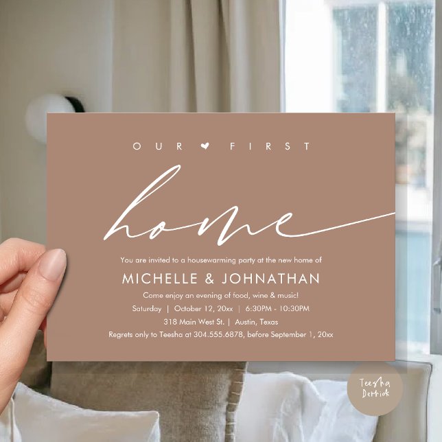 Convite Nossa Primeira Nova Casa, Comemoração do Partido d (Our First New Home, Housewarming Party Celebration Invitation Card, PDF, in Neutral Taupe Earthy)
