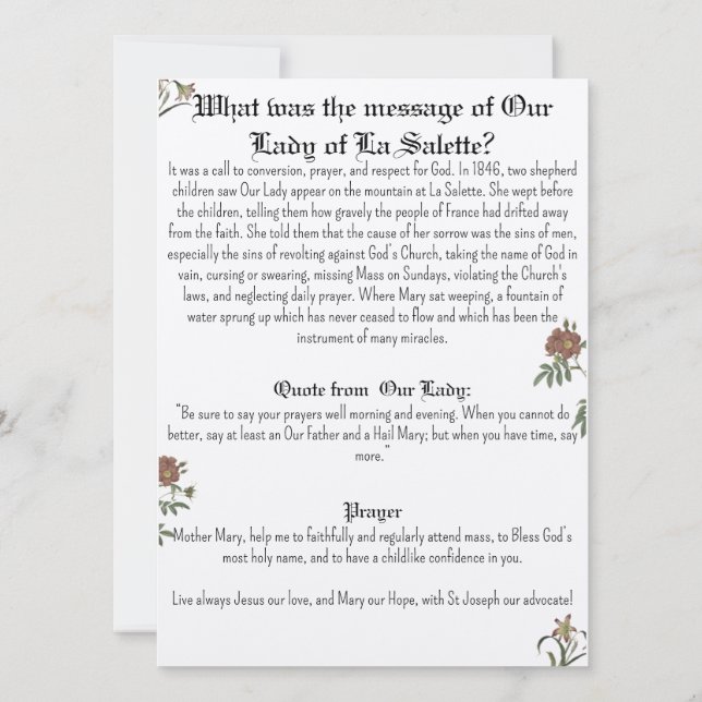 Convite Nossa Senhora de La Salette Prayer Card (Verso)
