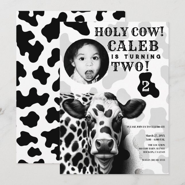 Convite Nossa Vaca! Festa de Aniversário Country Preta e B (Frente/Verso)