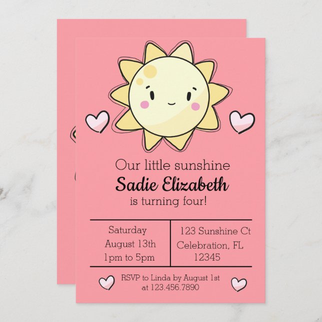 Convite Nossas Pequenas Garotas Sunshine Pink Aniversário (Frente/Verso)
