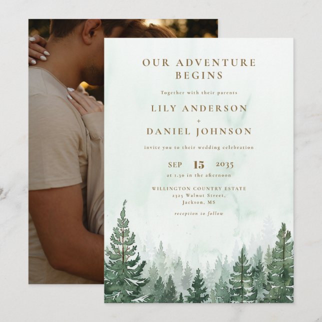 Convite Nosso Casamento Foto Floresta de Pinheiros Rústico (Frente/Verso)