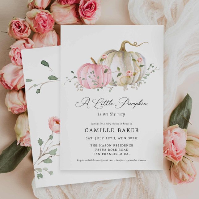 Convite Nosso Chá de fraldas de Menina de Abóbora (A Little Pumpkin Pink Girl Baby Shower Invitation)