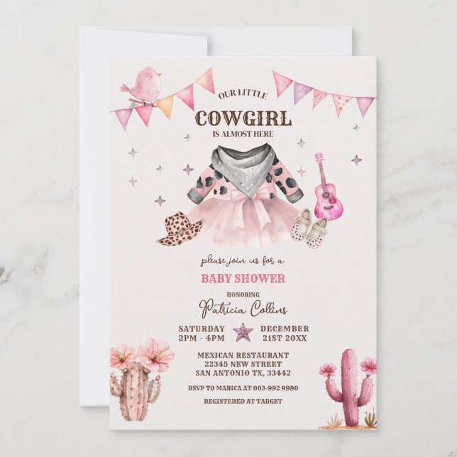 Convite Nosso Chá de fraldas Ocidental da Pequena Cowgirl (Frente)