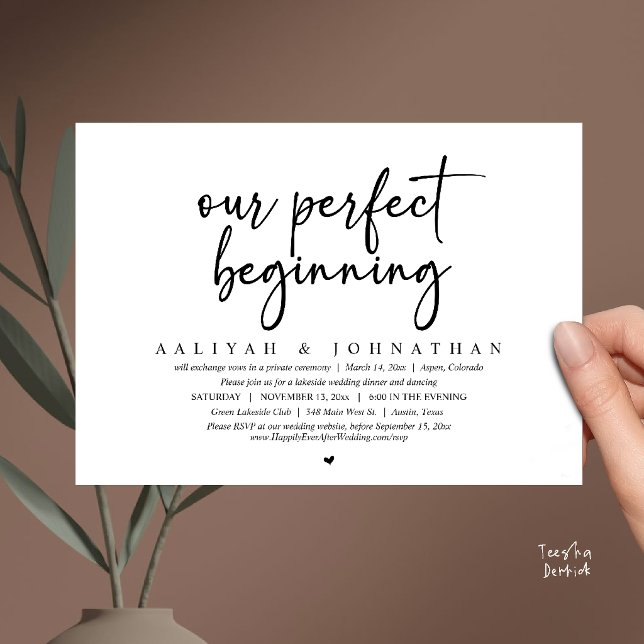 Convite Nosso Começo Perfeito, Festa de Casamento Fugitivo (Our Perfect Beginning, Wedding Elopement Party Invitation Card in Black and white)