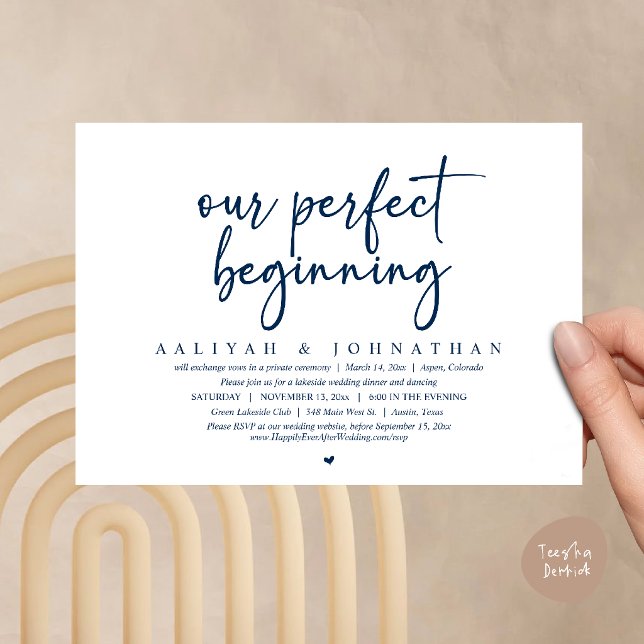 Convite Nosso Começo Perfeito, Festa de Casamento Fugitivo (Our Perfect Beginning, Wedding Elopement Party Invitation card in navy blue)
