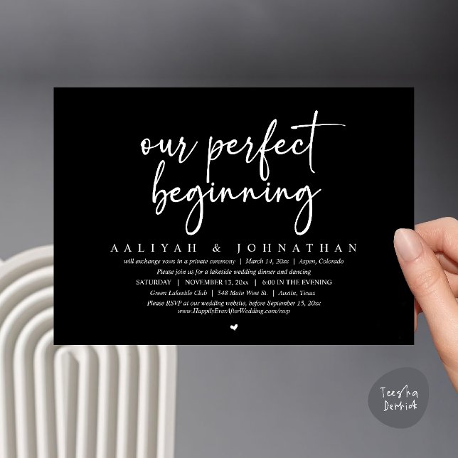 Convite Nosso Começo Perfeito, Festa de Casamento Fugitivo (Our Perfect Beginning, Wedding Elopement Party Invitation card in black and white)
