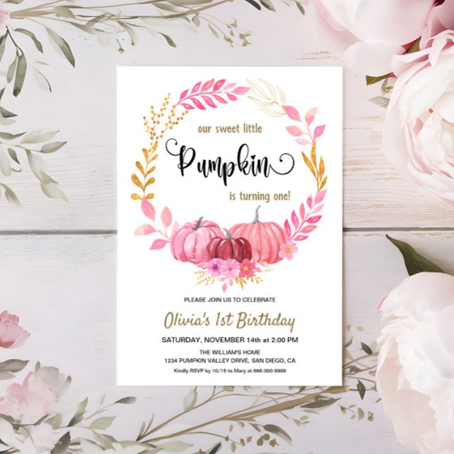 Convite Nosso Doce Festa de primeiro aniversario de Abóbor (Our Little Pumpkin Pink Girl 1st Birthday Invitation)