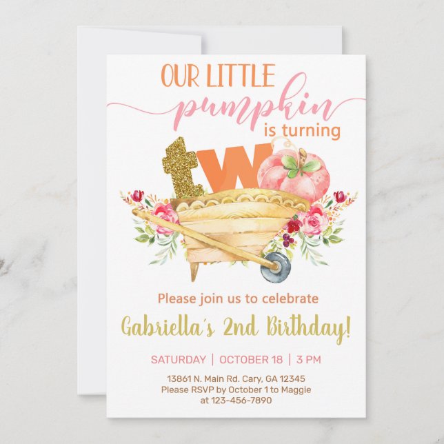 Convite Nosso doce segundo aniversário de abóbora. (Frente)