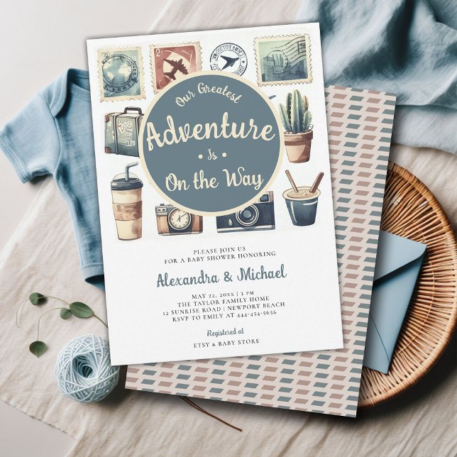 Convite Nosso maior Chá de Bebê Retro Coed (greatest adventure baby boy shower invitation retro vintage watercolor coed travels voyage)