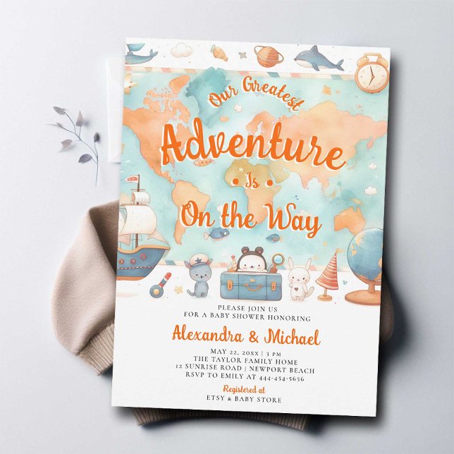 Convite Nosso maior Chá de fraldas neutro codificado de av (greatest adventure couples baby shower invitation cute world map watercolor coed gender neutral)
