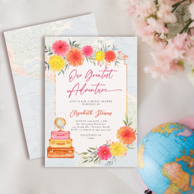 Convite Nosso Maior Tema Floral de Viagem para Noivas (travel bridal shower invitation floral watercolor world map suitcase tropical hot pink zinnia)